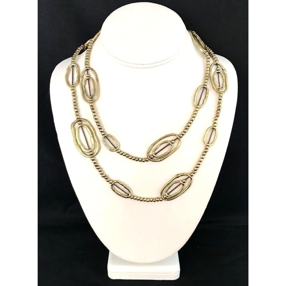 New Antiqued Gold Tone Long Link Necklace Hammered Adjustable Strand - 8Y
